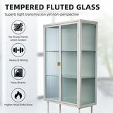 WHITE Tall Freestanding Display Cupboard Stylish Fluted Glass Storage Cabinet with Glass Doors Three Detachable Shelves Bottom Space for Office Dining Room Living Room Bedside Entryway