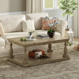 Rustic Floor Shelf Coffee Table with Storage, Solid Pine Wood