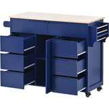 K&K Store Kitchen Cart with Rubber Wood Countertop , Kitchen Island has 8 Handle-Free Drawers Including a Flatware Organizer and 5 Wheels for Kitchen Dinning Room, Dark Blue
