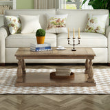 Rustic Floor Shelf Coffee Table with Storage, Solid Pine Wood