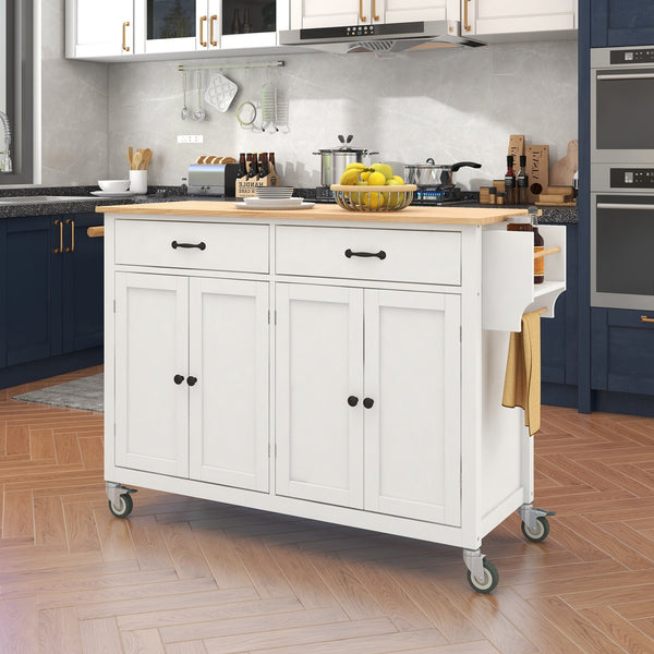 White Kitchen Island Cart with Solid Wood Top