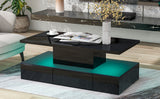 ON-TREND Modern Glossy Coffee Table With Drawer, 2-Tier Rectangle Center Table with Plug-in 16 colors LED lighting for Living room, 39.3”x19.6”x15.3”, Black