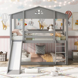 Twin over Twin House Bunk Bed with Convertible Slide and Ladder,Converts into 2 Separate Platform Beds,Gray