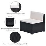 5-Piece Patio Rattan PE Wicker Furniture Corner Sofa Set, with 2 Sofa chairs, 1 Corner chair, 1 ottoman and 1 glass coffee table, Sectional Sofa Chair, Seating, Lying(Black Wicker, Beige Cushion)