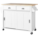 White Kitchen Island Cart with Rubber wood Drop-Leaf Countertop, adjustable height