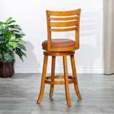 30" Bar Height Slat Back Swivel Stool, Natural Finish, Saddle Leather Seat