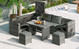 Outdoor 6-Piece Rattan Sofa Set, Garden Patio Wicker Sectional Furniture Set with Adjustable Seat, Storage Box, Removable Covers and Tempered Glass Top Table