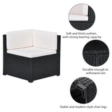 5-Piece Patio Rattan PE Wicker Furniture Corner Sofa Set, with 2 Sofa chairs, 1 Corner chair, 1 ottoman and 1 glass coffee table, Sectional Sofa Chair, Seating, Lying(Black Wicker, Beige Cushion)