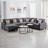 Gray Linen Fabric 7Pc Reversible Chaise Sectional Sofa with a USB, Charging Ports, Cupholders, Storage Console Table and Pillows and Interchangeable Legs