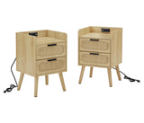 JHX Rattan nightstand with socket side table natural handmade rattan（Natural 15.55’’W*13.78’’D*23.82’’H）