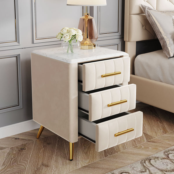 Beige Upholstered Wooden Nightstand with 3 Drawers