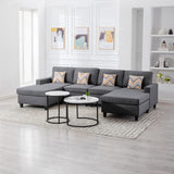 Gray Linen Fabric 4Pc Double Chaise Sectional Sofa with Pillows and Interchangeable Legs