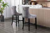 Contemporary Velvet Upholstered Barstools with Button Tufted Decoration and Wooden Legs, and Chrome Nailhead Trim, Leisure Style Bar