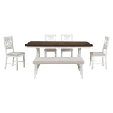 6-Piece Wooden Dining Table Set, Farmhouse Rectangular Dining Table, Four Chairs with Exquisitely Designed Hollow Chair Back and Bench for Home Dining Room