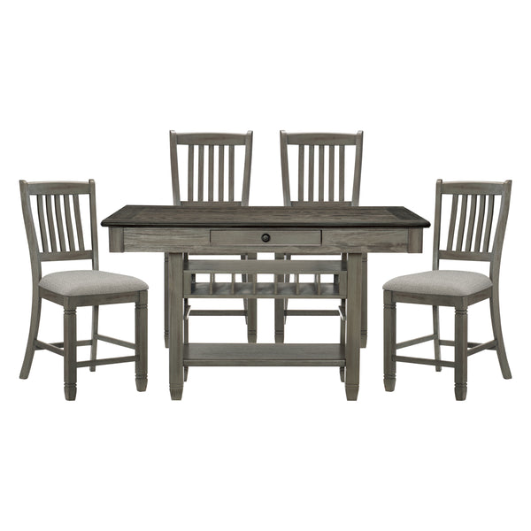 Dining Furniture Counter Height Table w Drawers Wine Rack Shelf and 4x Counter Height Chairs 5pc Dining Set Classic Style