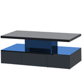 ON-TREND Modern Glossy Coffee Table With Drawer, 2-Tier Rectangle Center Table with Plug-in 16 colors LED lighting for Living room, 39.3”x19.6”x15.3”, Black