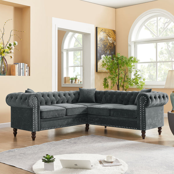 Grey Tufted L shaped Couch