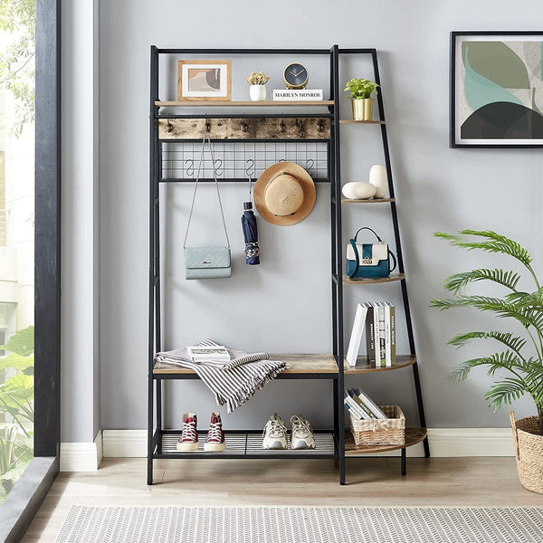 Entryway Coat Rack/ Hall Tree with Bookshelves, Multiple Hooks, and Bench Seat
