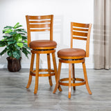 30" Bar Height Slat Back Swivel Stool, Natural Finish, Saddle Leather Seat