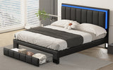 Upholstered Platform Bed with LED Lights and Two Motion Activated Night Lights,Queen Size Storage Bed with Drawer, Black
