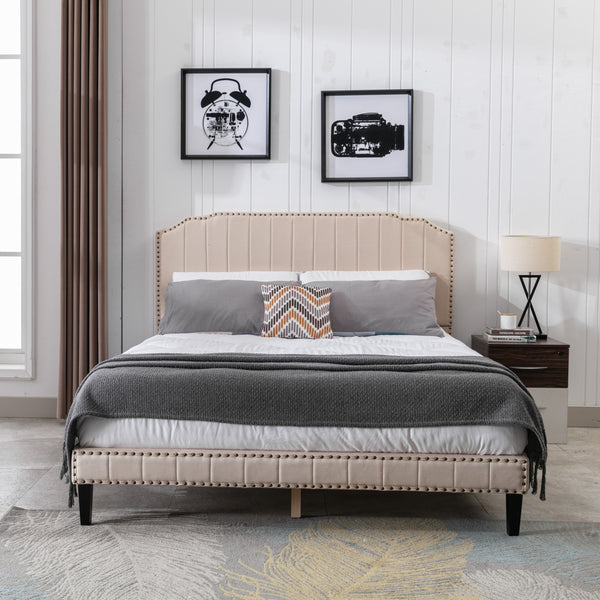 Queen Size Bed with Headboard,Modern Linen Curved Upholstered Platform Bed
