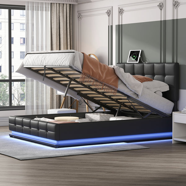 Queen Upholstered Platform Bed with Hydraulic Storage System - LED Lights and USB ports