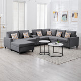 Gray Linen Fabric 7Pc Reversible Chaise Sectional Sofa with a USB, Charging Ports, Cupholders, Storage Console Table and Pillows and Interchangeable Legs