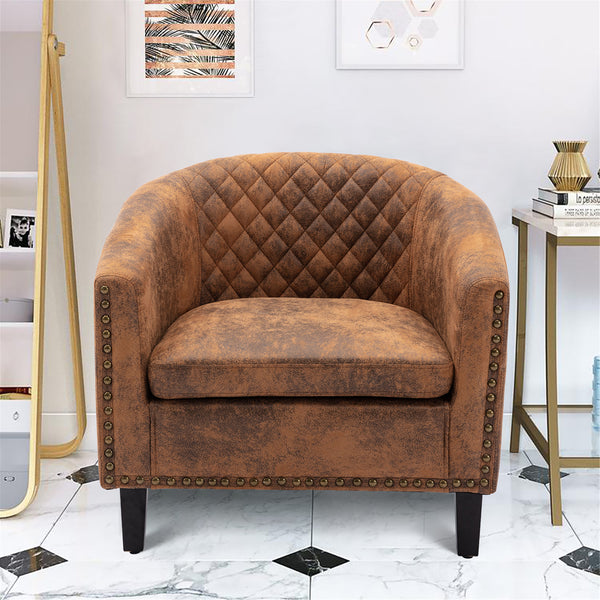 COOLMORE accent Barrel chair living room chair with nailheads and solid wood legs  Light  Coffee microfiber fabric