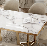 Bura Modern Marble Dining Table with Rectangular Tabletop Gold Stainless Legs, for Kitchen and Dining Room