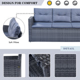 Wicker PE rattan Patio Outdoor Dining Conversation Sectional Set with coffee table, wicker sofas, ottomans,  removable cushions (Dark grey wicker, Light grey cushion)