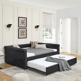 Daybed with Trundle Upholstered Tufted Sofa Bed, with Button and Copper Nail on Arms，Full Daybed & Twin Trundle, PU Black（85.5“x57”x30.5“）