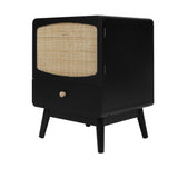Black Nightstand,  Bedside Table with Storage Drawe/ Rattan Door