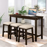 4 Pieces Counter Height Table with Fabric Padded Stools, Rustic Bar Dining Set with Socket