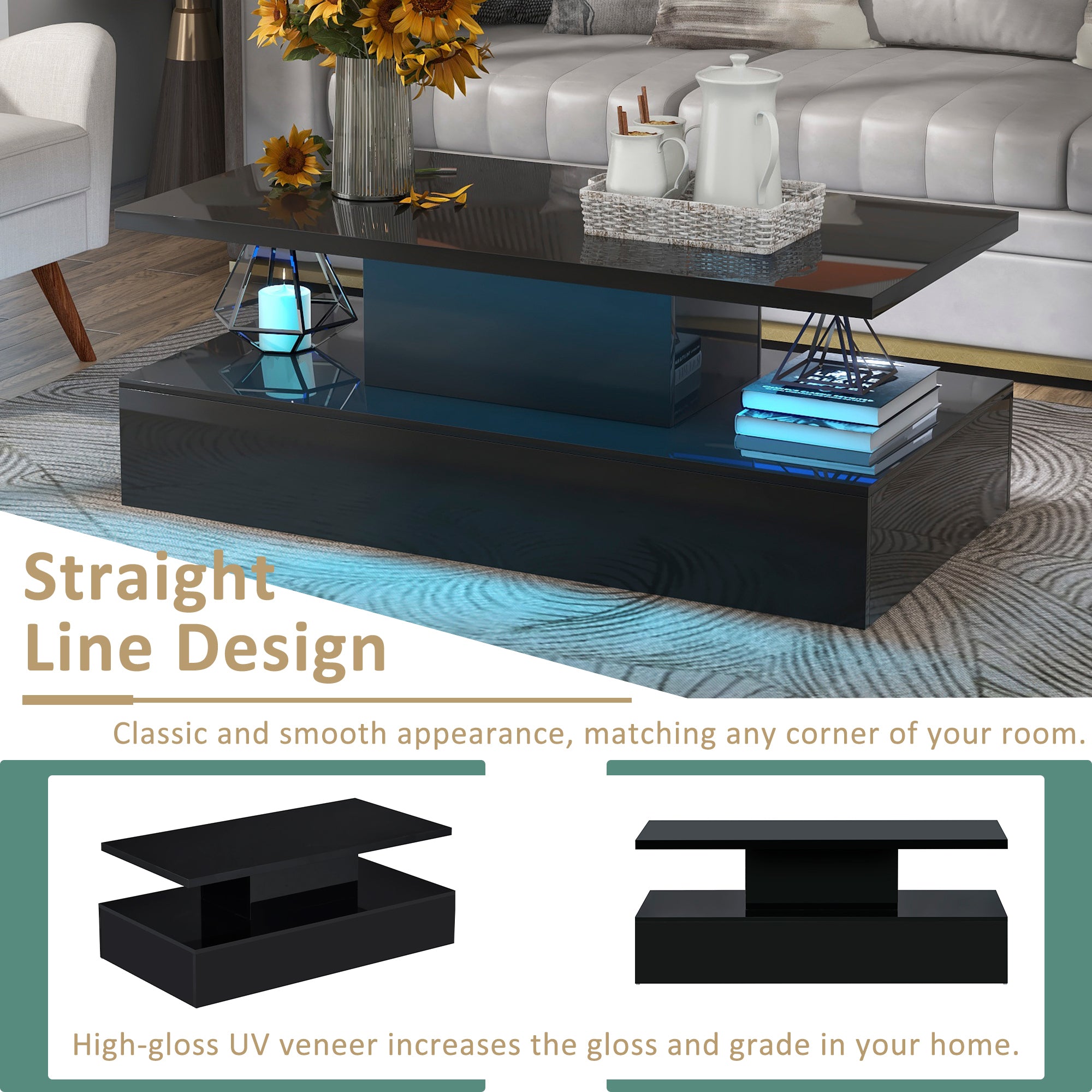 Coffee Table Cocktail Table Modern Industrial Design with LED lighting