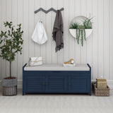TREXM  Storage Bench with 3 Shutter-shaped Doors,  Shoe Bench with Removable Cushion and Hidden Storage Space (Antique Navy)