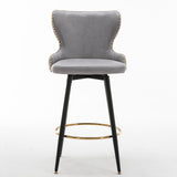 A&A Furniture,29" Modern Leathaire Fabric bar chairs,180° Swivel Bar Stool Chair for Kitchen,Tufted Gold Nailhead Trim Gold Decoration Bar Stools with Metal Legs,Set of 2 (Light Grey)