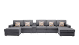 Gray Linen Fabric 6Pc Double Chaise Sectional Sofa with Interchangeable Legs, a USB, Charging Ports, Cupholders, Storage Console Table and Pillows