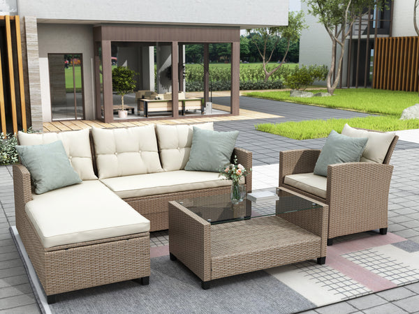 Outdoor, Patio Furniture Sets, 4 Piece Set Wicker Rattan Sectional Sofa with Seat Cushions (Beige Brown)