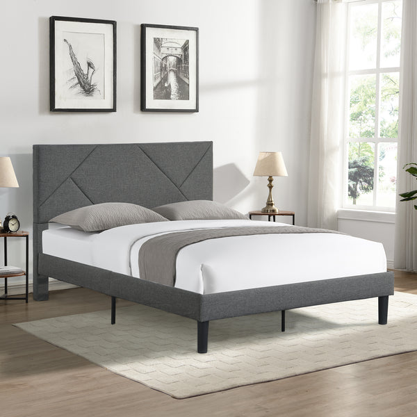 Queen Size Upholstered Platform Bed Frame with Headboard, Strong Wood Slat Support, Mattress Foundation, No Box Spring Needed, Easy Assembly