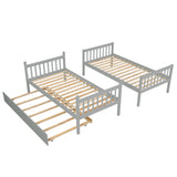 Twin Over Twin Bunk Beds with Trundle, Solid Wood Trundle Bed Frame with Safety Rail and Ladder, Kids/Teens Bedroom, Guest Room Furniture, Can Be converted into 2 Beds