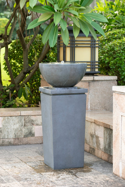 Polyresin Gray Zen Bowl Water Fountain, Outdoor Bird Feeder /Bath Fountains, Relaxing Water Feature for Garden Lawn Backyard Porch