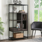 Home Office Bookcase and Bookshelf 5 Tier Display Shelf with Doors and Drawers, Freestanding Multi-functional Decorative Storage Shelving, Vintage Brown Industrial Style (Brown)