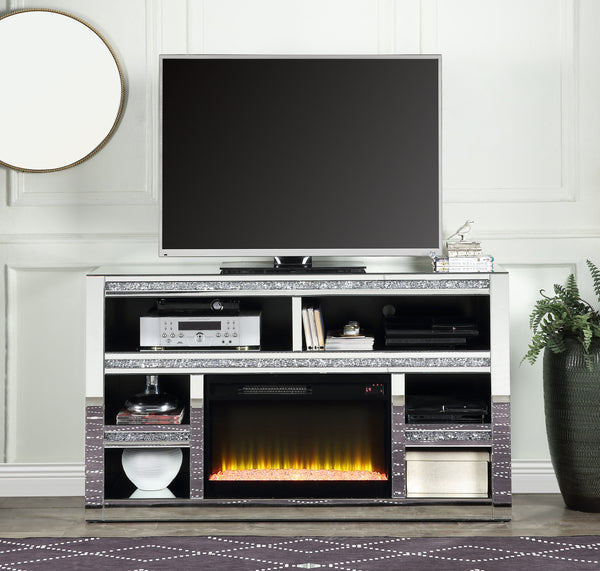 TV STAND W/FIREPLACE Mirrored & Faux Diamonds