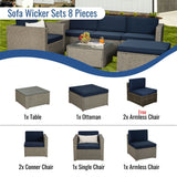 Outdoor Garden Patio Furniture 8-Piece Gray Mix Yellow Rattan Wicker Sectional Navy Cushioned Sofa