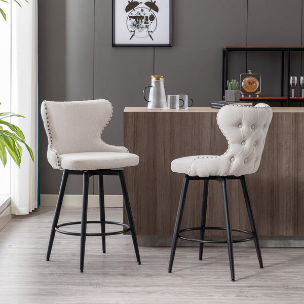 A&A Furniture,Counter Height 25" Modern Linen Fabric bar chairs,180° Swivel Bar Stool Chair for Kitchen,Tufted Cupreous Nailhead Trim Burlap Bar Stools with Metal Legs,Set of 2 (Beige)