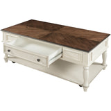 ON-TREND Two-tone Retro Cocktail Table Coffee Table Easy Assembly Movable with Caster Wheels
