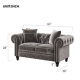 [New] 63" Deep Button Tufted Velvet Loveseat Sofa Roll Arm Classic Chesterfield Settee,2 Pillows included