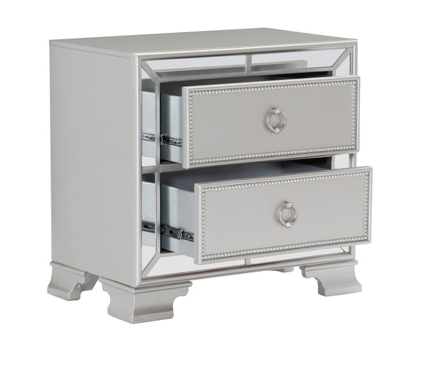 Modern Traditional Style 1pc Nightstand of 2 Drawers Embossed Textural Fronts Silver Finish Bed Side Table