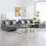 Gray Linen Fabric 6Pc Double Chaise Sectional Sofa with Interchangeable Legs, a USB, Charging Ports, Cupholders, Storage Console Table and Pillows
