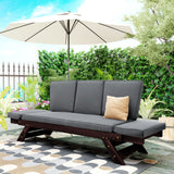 Outdoor Adjustable Patio Wooden Daybed Sofa Chaise Lounge with Cushions for Small Places, Brown Finish+Gray Cushion